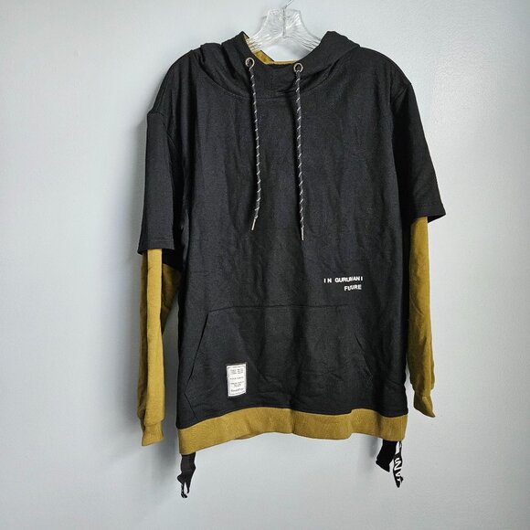 New w Tags Gurunvani Yellow Black Layered Contrast Hoodie Sweatshirt Large - Picture 1 of 8
